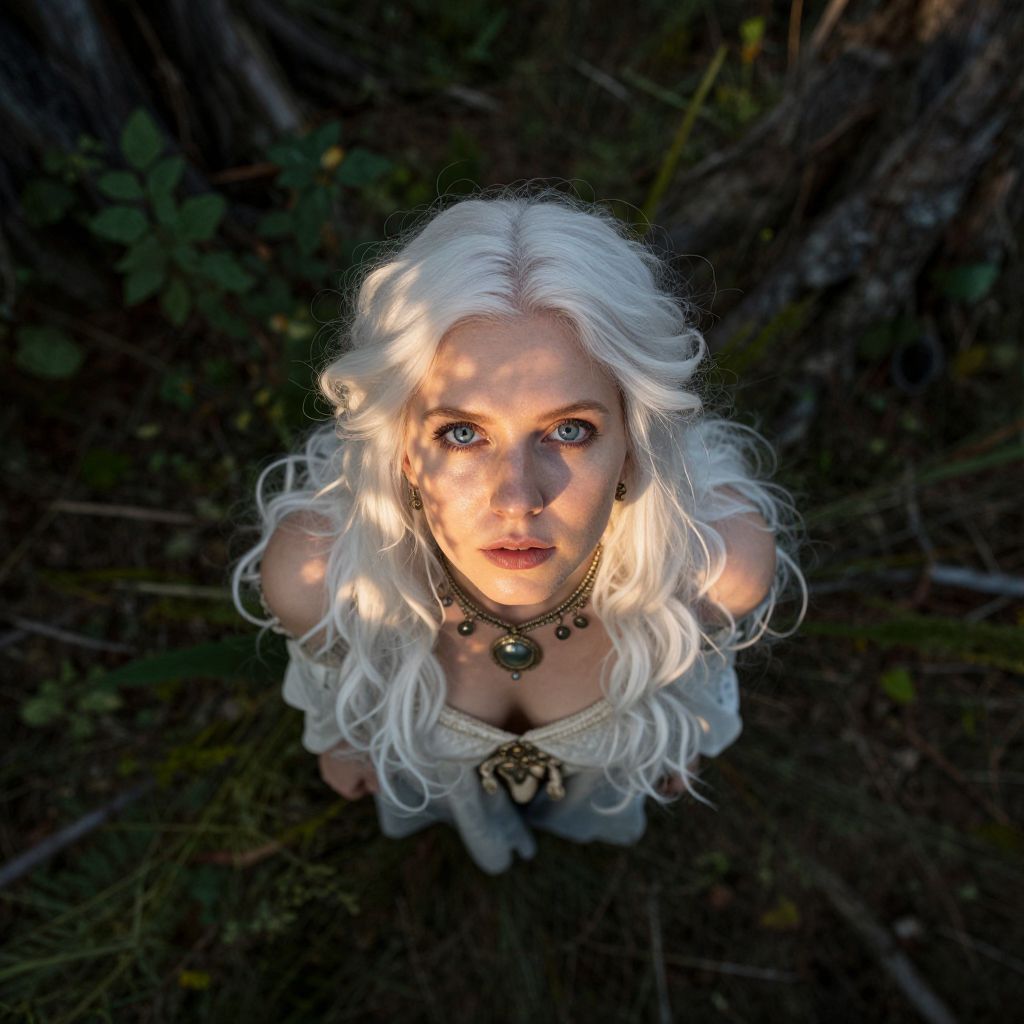 Mystical Woman with Platinum Blonde Hair in Forest Setting