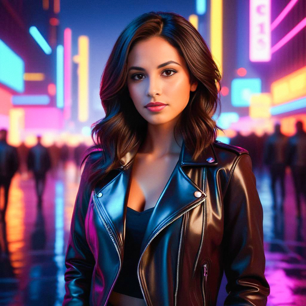 Confident Woman in Leather Jacket with Neon Lights