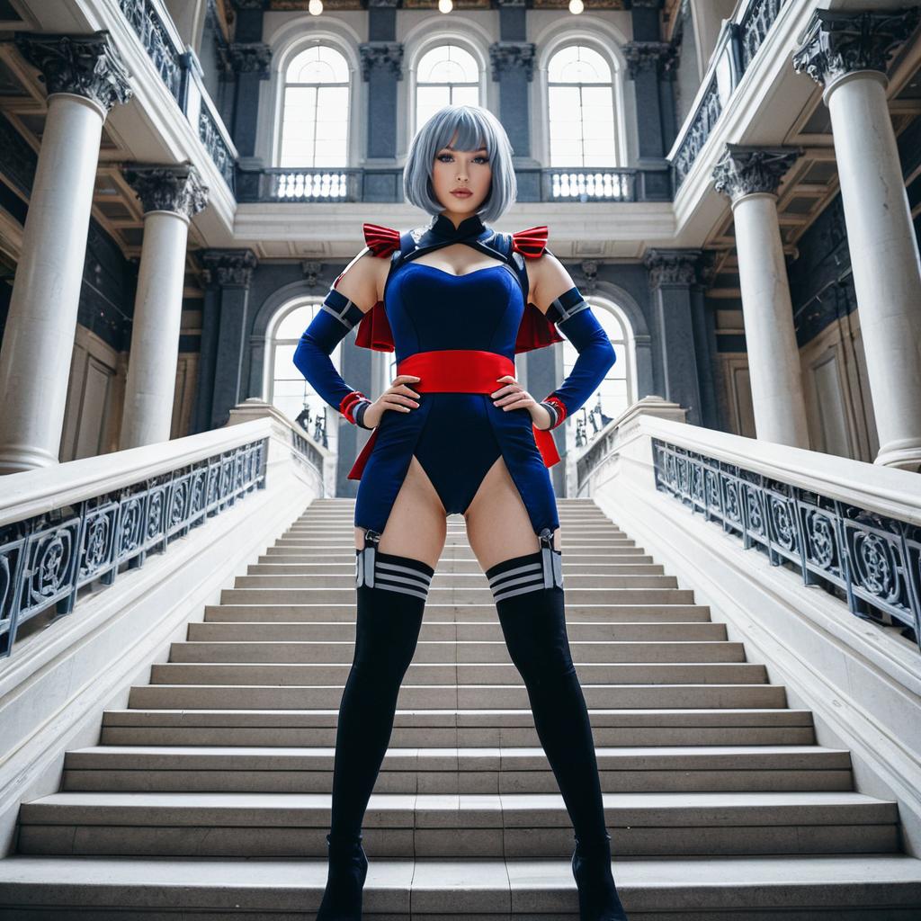 Confident Woman in Navy Blue Cosplay Outfit Posing on Grand Staircase