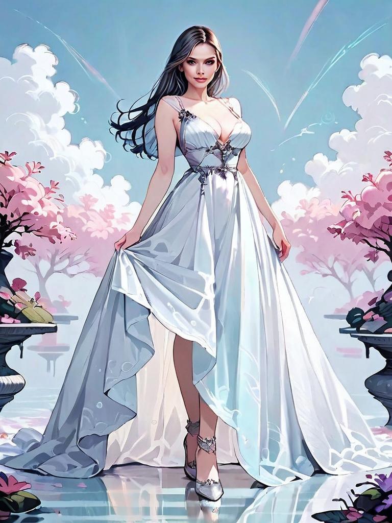 Elegant Woman in Flowing White Gown Fantasy Digital Art