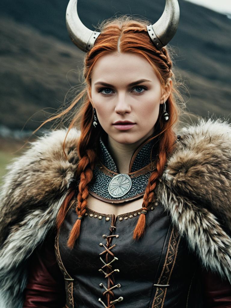 Woman in Viking Costume Waist Up Editorial Portrait with Fur Detail