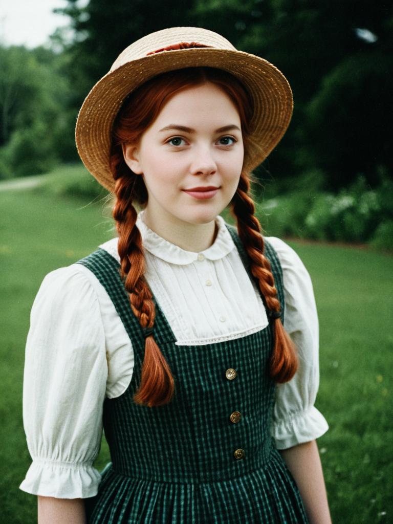 Young Woman in Vintage Anne of Green Gables Style Outfit with Straw Hat Outdoors