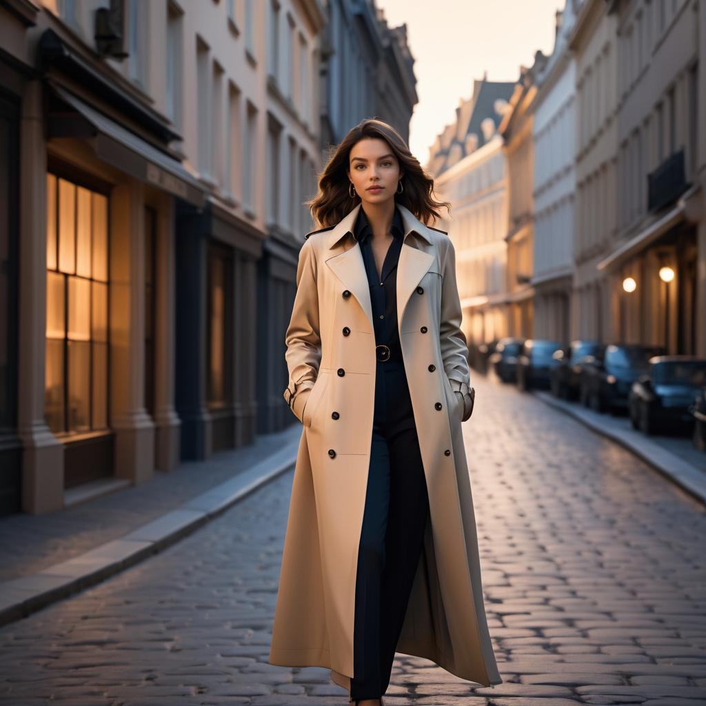 Stylish Woman in Trench Coat on Cobblestone Street