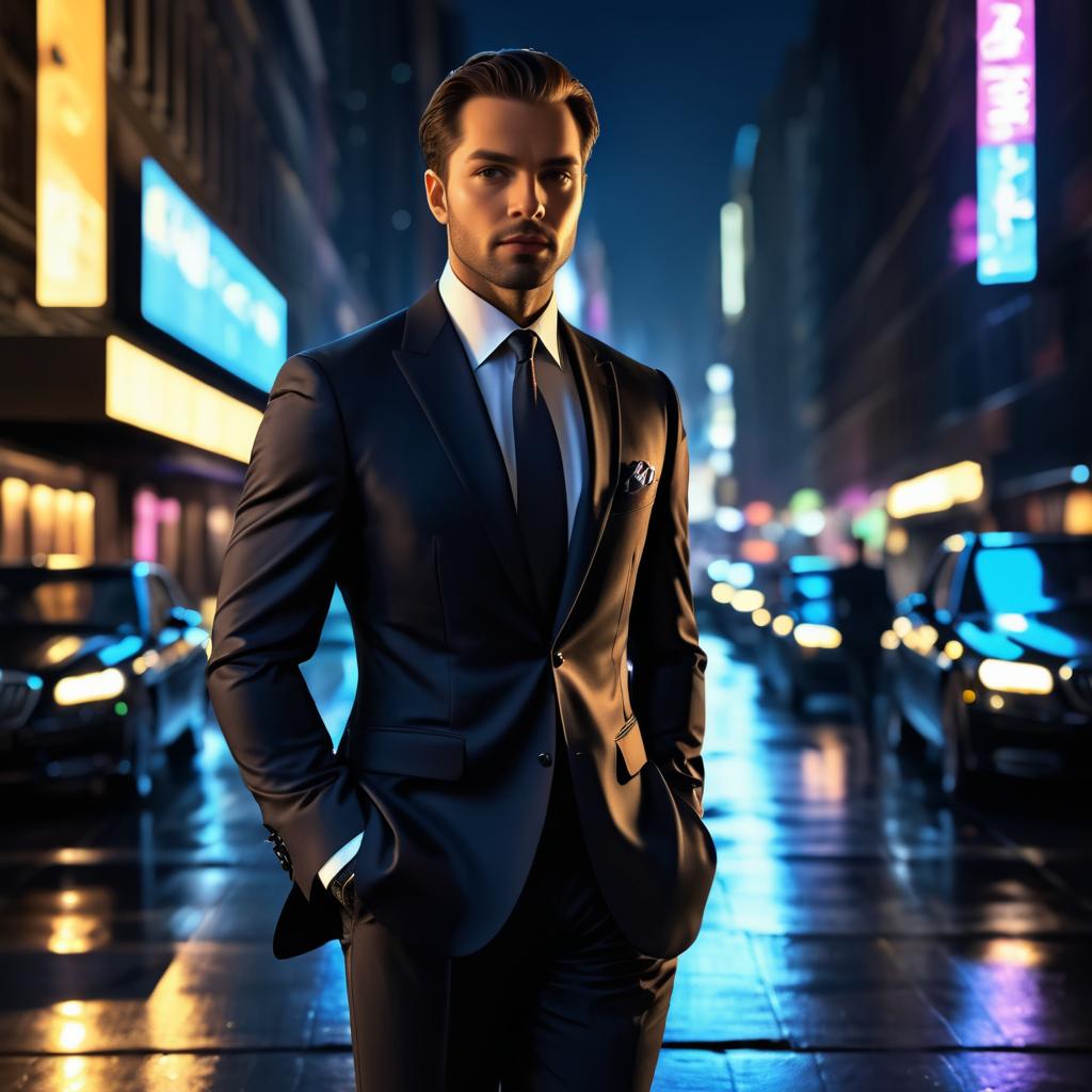 Sophisticated Man in Suit on City Street at Night