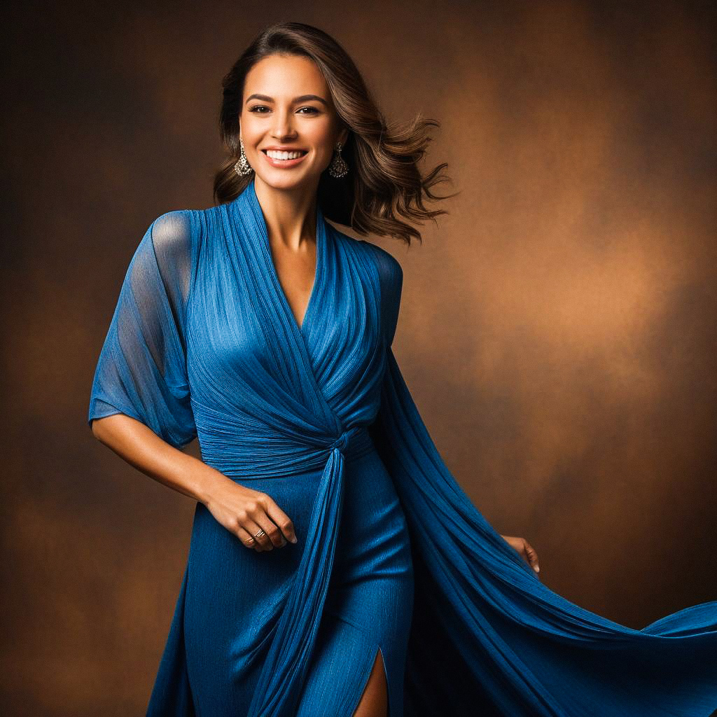Confident Woman in Elegant Blue Dress
