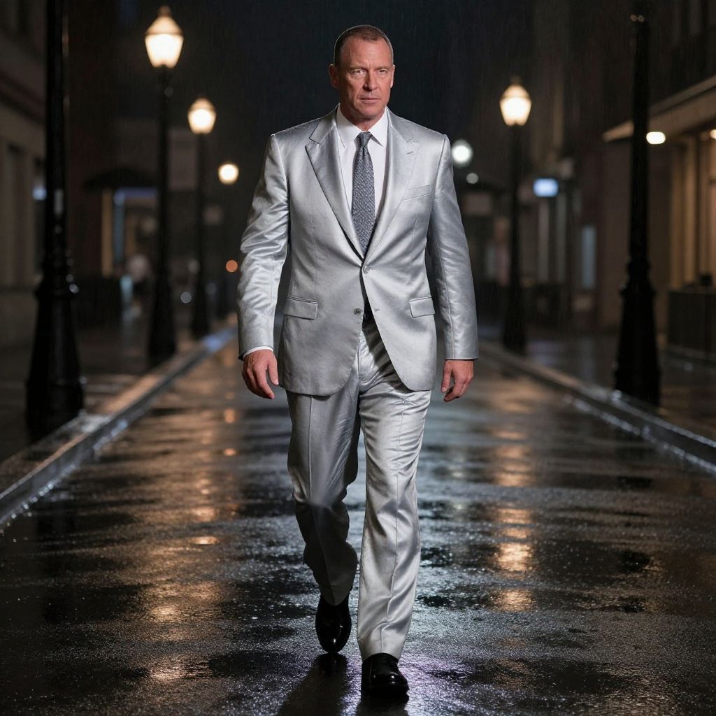 Man in Silver Suit Walking on Rainy Urban Street at Night