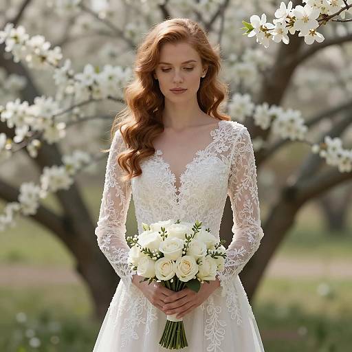 Elegant Bride in Lace Wedding Dress Holding White Rose Bouquet in Blossom Garden