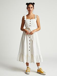 Casual Summer White Sleeveless Midi Dress with Ruffle Trim and Button Front