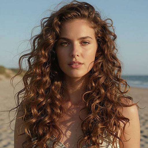 Portrait of Woman with Curly Hair on the Beach