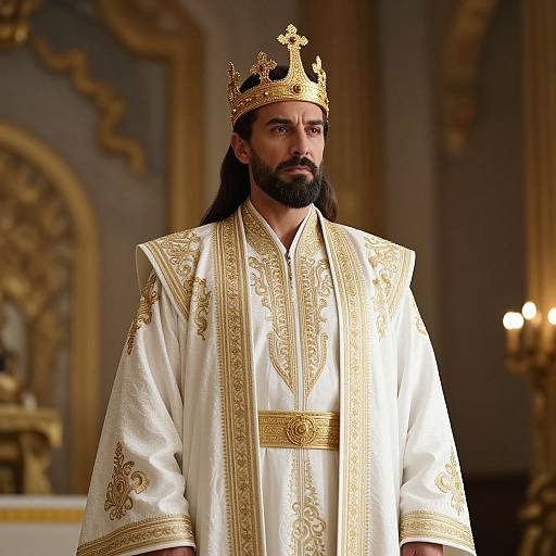 Regal Man Wearing Golden Crown and Embroidered White Robe in Ornate Royal Setting