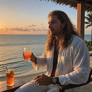 Man with Cocktail on Beach at Sunset