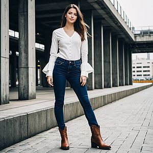 Confident Young Woman in Stylish Outfit Under Urban Overpass