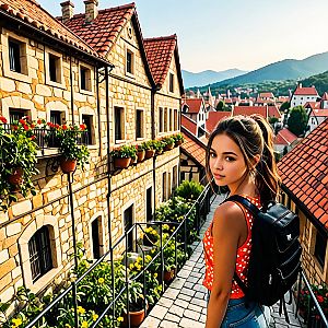 Young Woman Walking in Picturesque Village