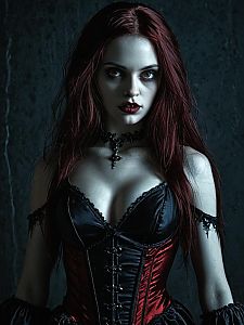 Gothic Woman with Red Hair in Black and Red Corset