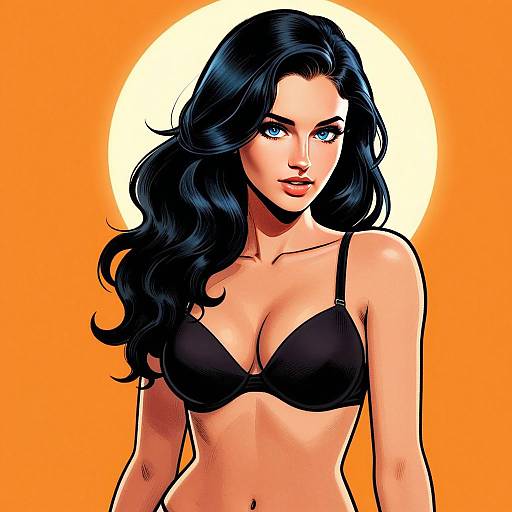 Digital Comic Style Illustration of Woman with Black Hair and Blue Eyes on Orange Background