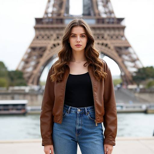 Young Woman in Leather Jacket Posing in Front of Eiffel Tower Paris