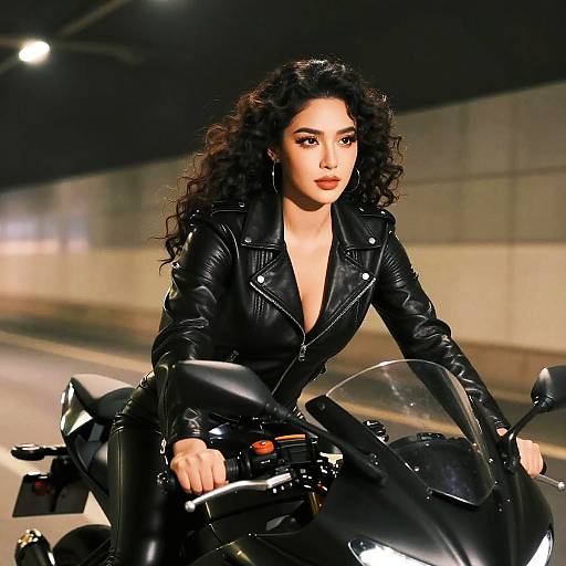 Gen Z Woman Riding Black Motorcycle in Urban Tunnel Wearing Leather Jacket