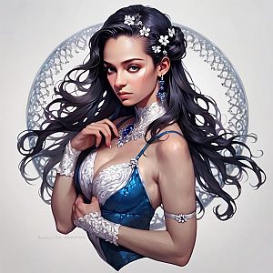 Elegant Woman in Blue Dress with Floral Accessories
