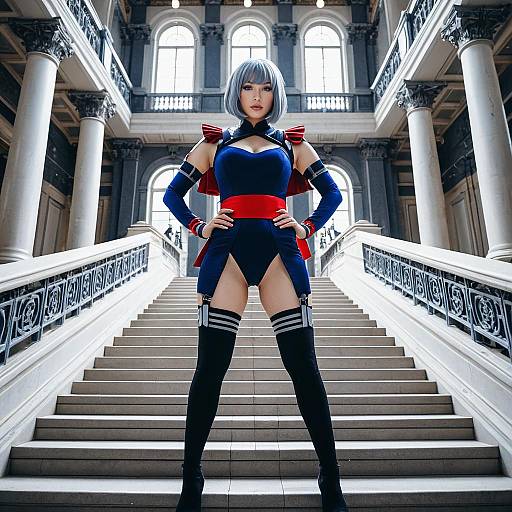Confident Woman in Navy Blue Cosplay Outfit Posing on Grand Staircase