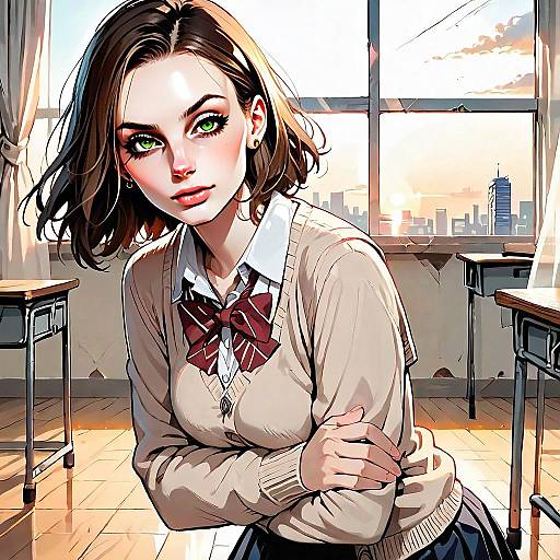 Anime School Girl in Sunlit Classroom with City View Digital Art