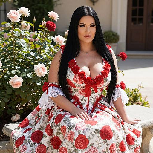 Elegant Woman in Rose-Patterned Vintage Dress Sitting in Rose Garden