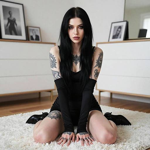 Edgy Tattooed Woman in Black Dress Posing Indoors on White Carpet