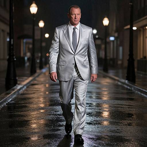 Man in Silver Suit Walking on Rainy Urban Street at Night