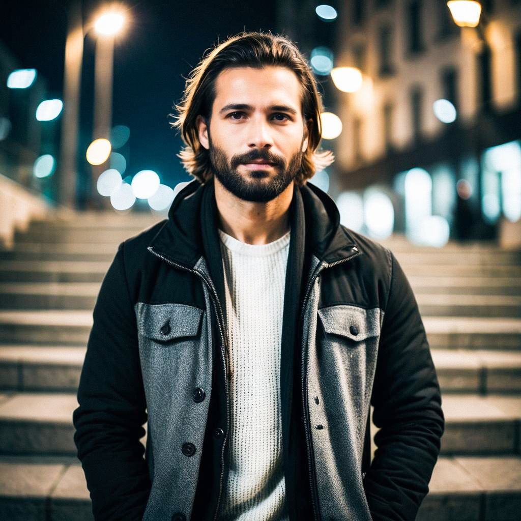 Confident Young Man Outdoors at Night