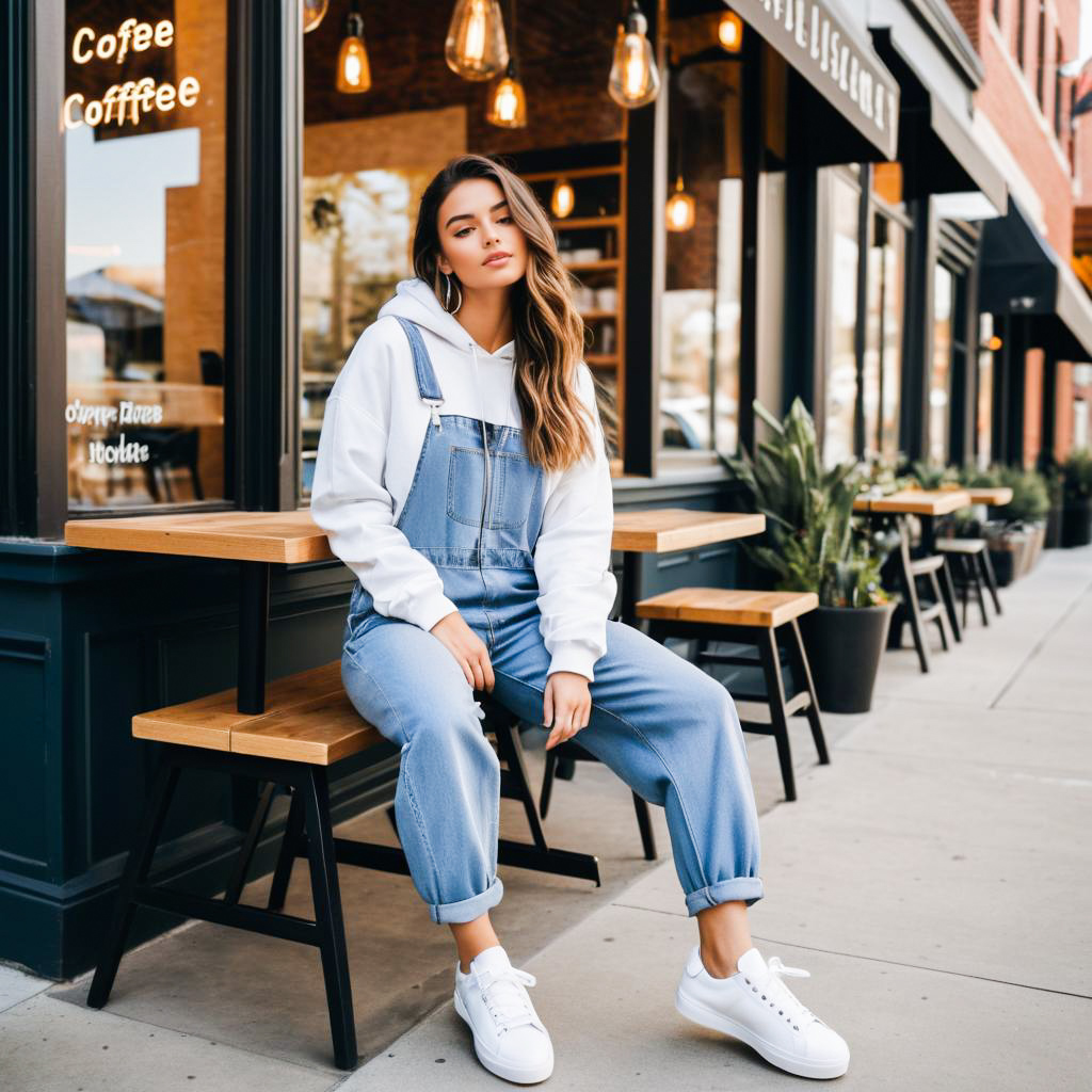 Stylish woman in hoodie and overalls at coffee shop