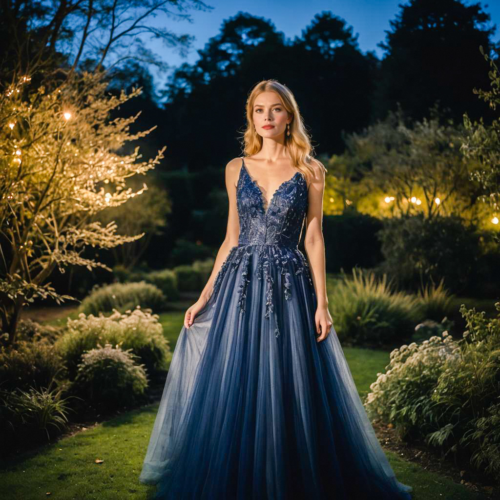 Elegant Woman in Navy Gown at Dusk