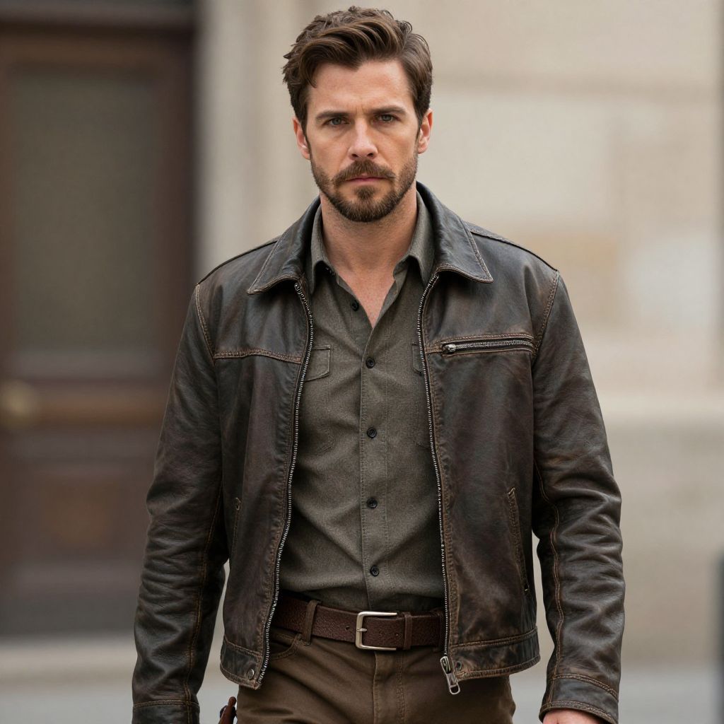 Confident Man in Brown Leather Jacket with Rugged Style