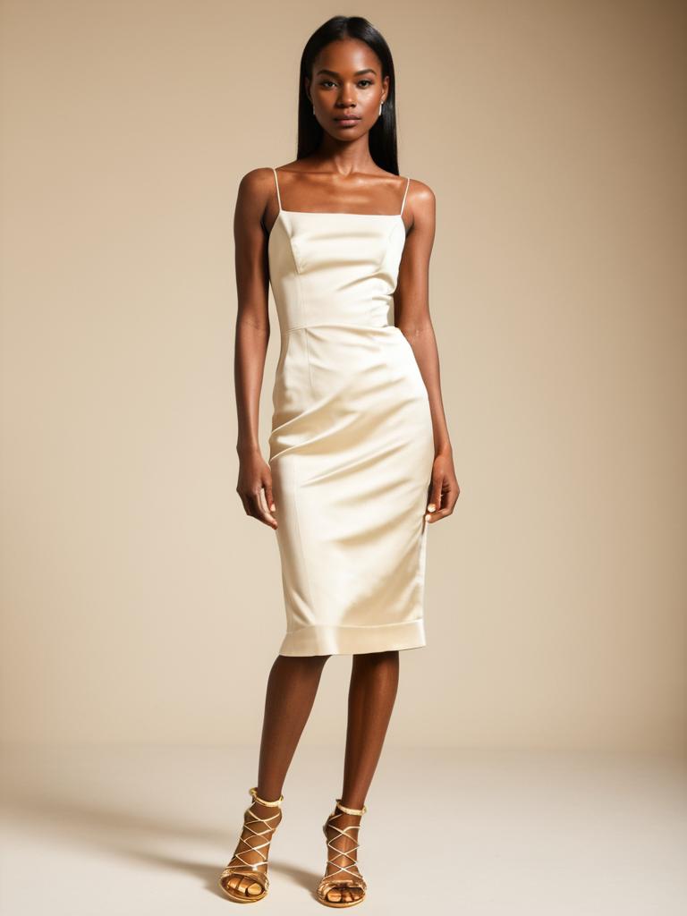 Elegant Woman in Ivory Satin Midi Dress with Gold Lace-Up Heels