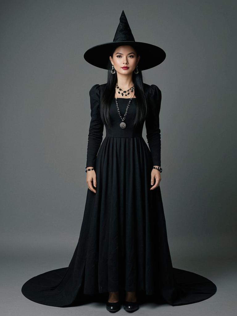 Elegant Woman in Classic Black Witch Dress and Wide-Brimmed Witch Hat