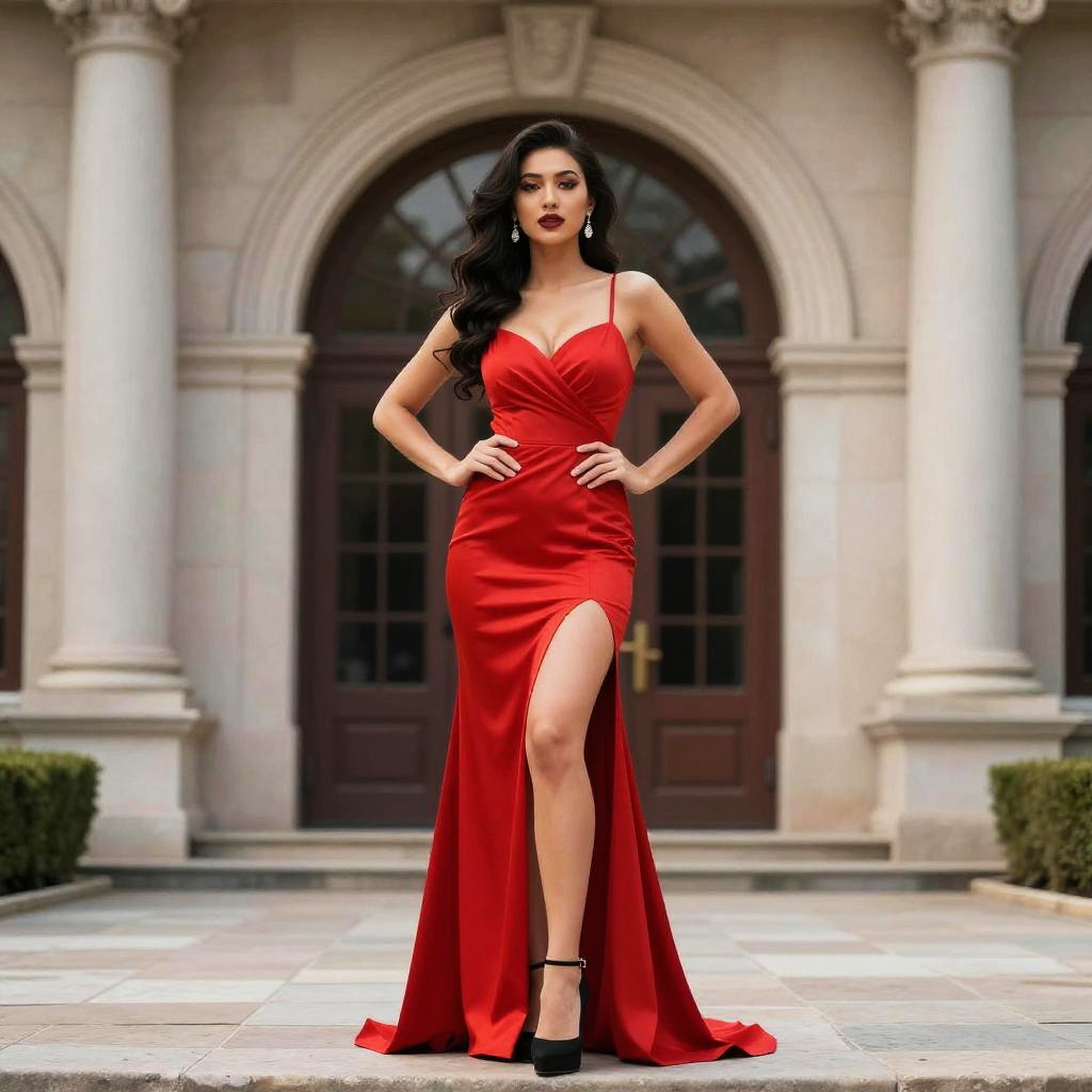 Elegant Woman in Red Gown with Thigh Slit Posing Outdoors