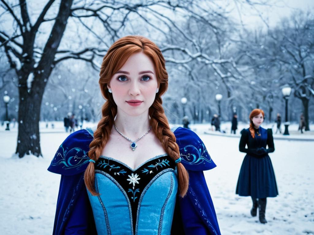 Adult Woman Cosplaying as Frozen Princess Anna in Blue Dress in Snowy Park