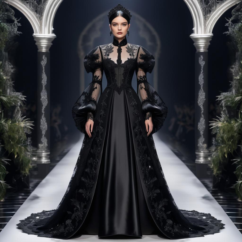 Elegant Woman in Black Gown on Runway