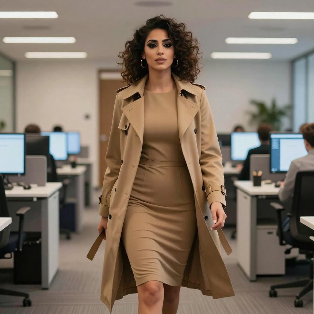 Confident Woman in Beige Trench Coat Walking in Modern Office