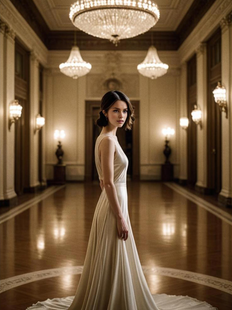 Elegant Woman in White Gown in Grand Hall