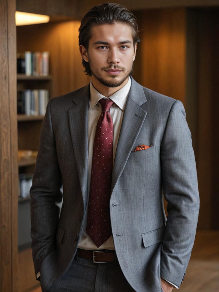 Man in Grey Suit with Burgundy Tie