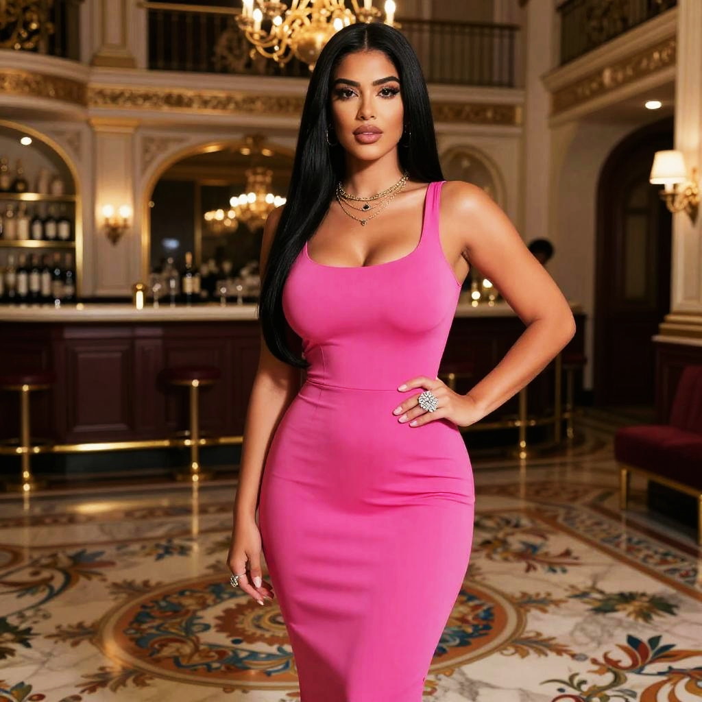 Confident Woman in Bright Pink Dress Posing in Luxurious Vintage Interior