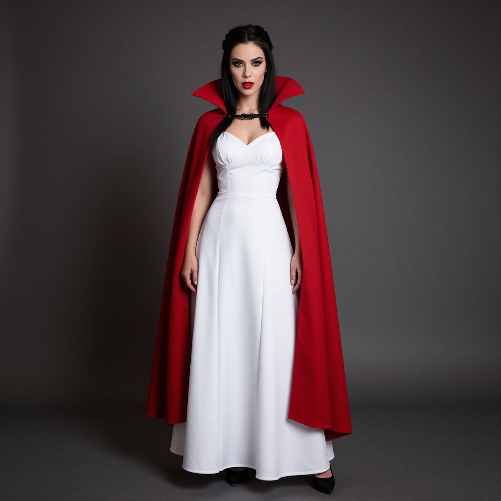 Elegant Woman in White Gown and Red Cape Fashion Portrait