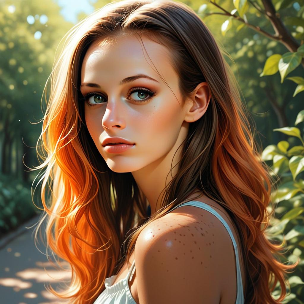 Hyper-Realistic Digital Portrait of Young Woman with Auburn Hair Outdoors