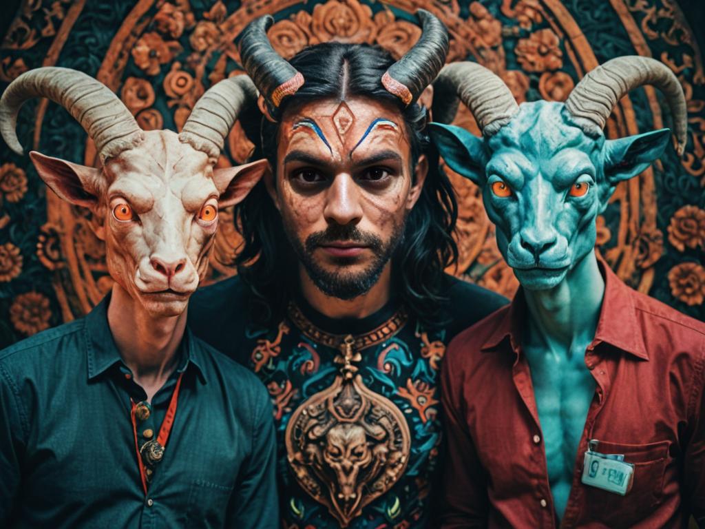 Man with Goat-Head Figures in Surreal Scene