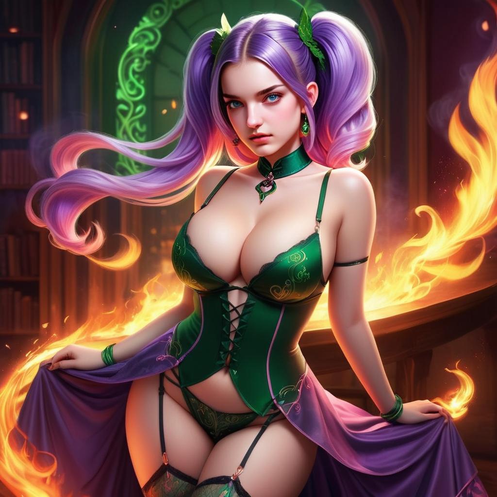 Fantasy Woman in Green Corset with Lilac Hair and Magical Flames Digital Art