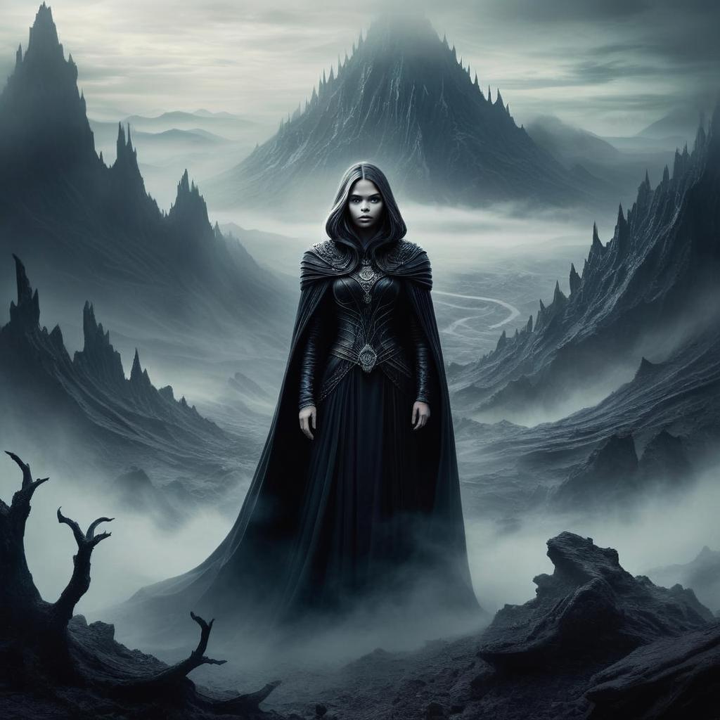 Mysterious Woman in Dark Cloak in Foggy Mountains