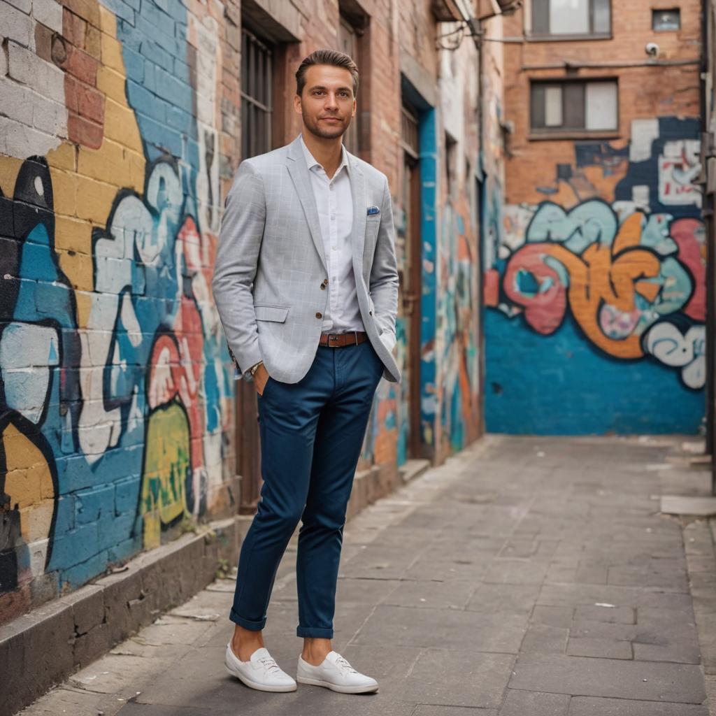 Stylish Man in Smart Casual Outfit in Urban Alley with Graffiti