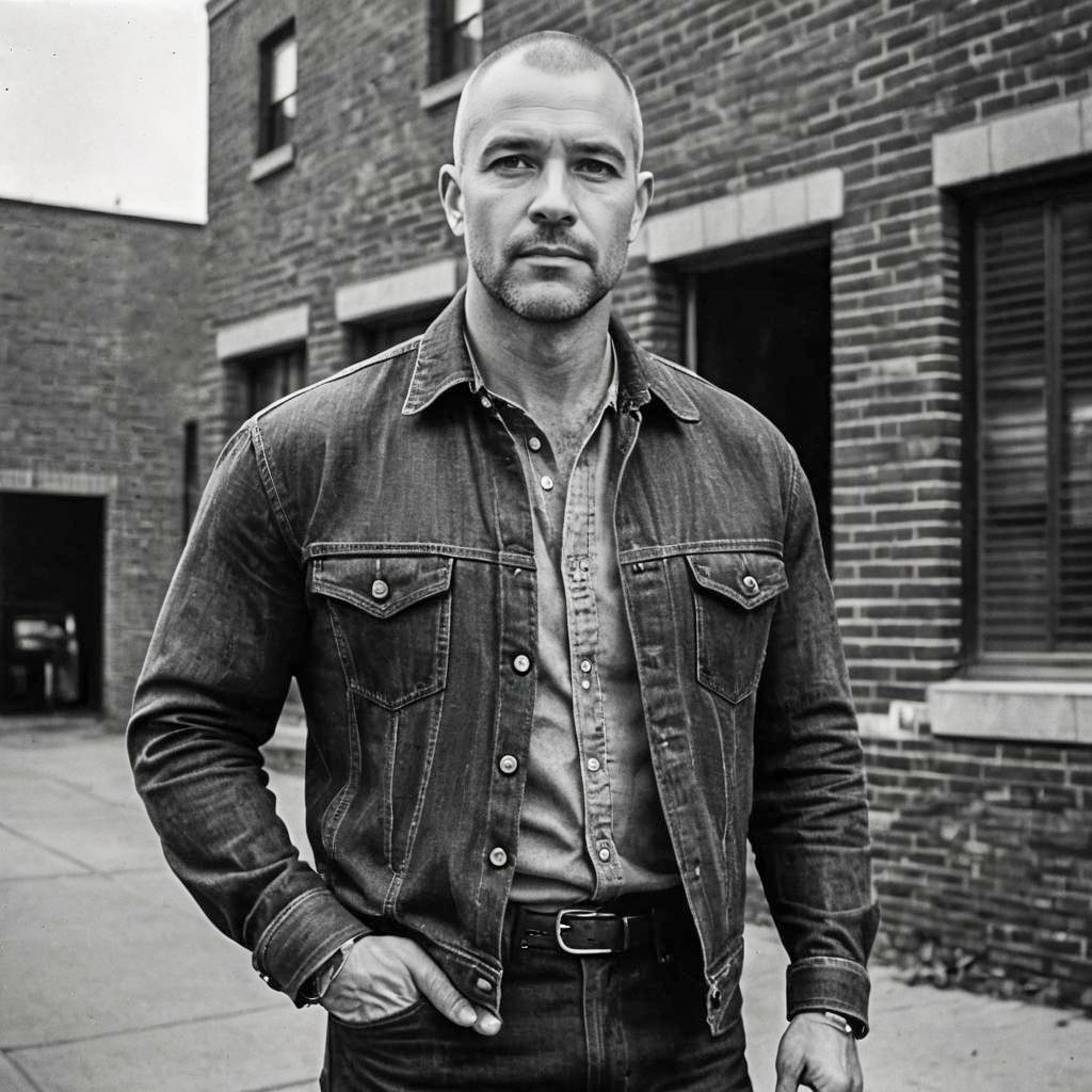 Black and White Portrait of Man in Denim Jacket Against Brick Wall