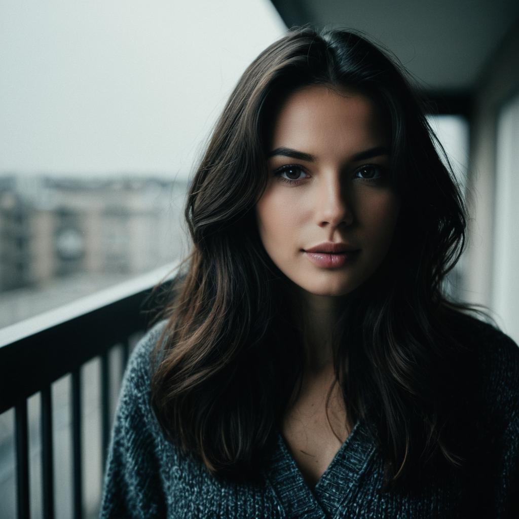 Portrait of Woman on Balcony with Soft Natural Light Realistic Style