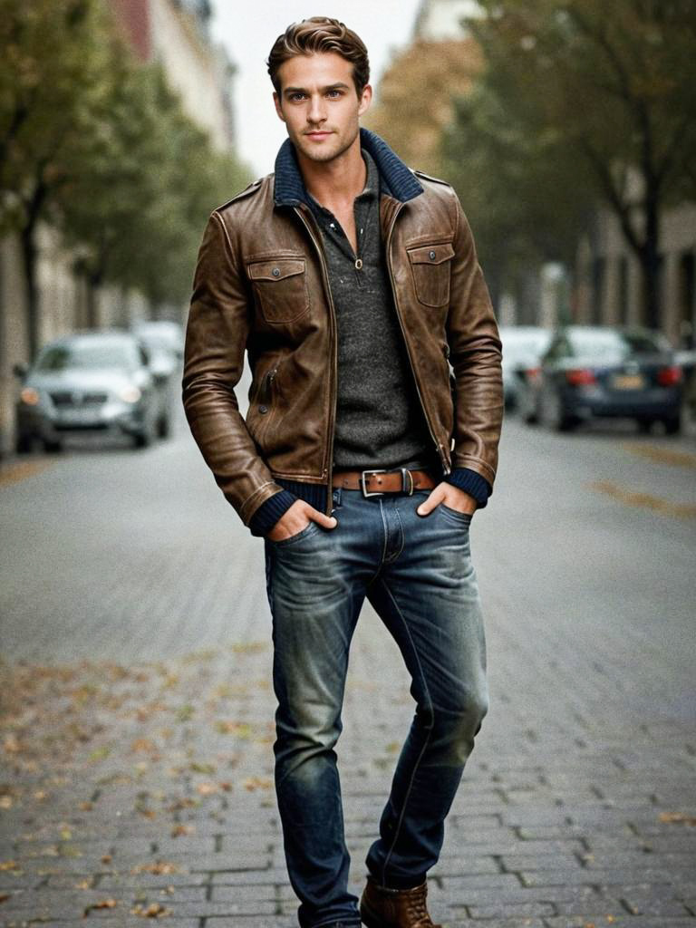 Stylish Young Man in Leather Jacket on City Street