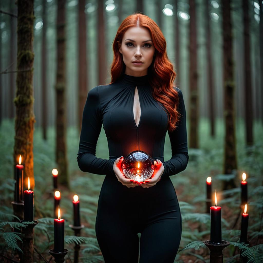 Red Haired Woman Holding Crystal Ball in Forest with Black Candles